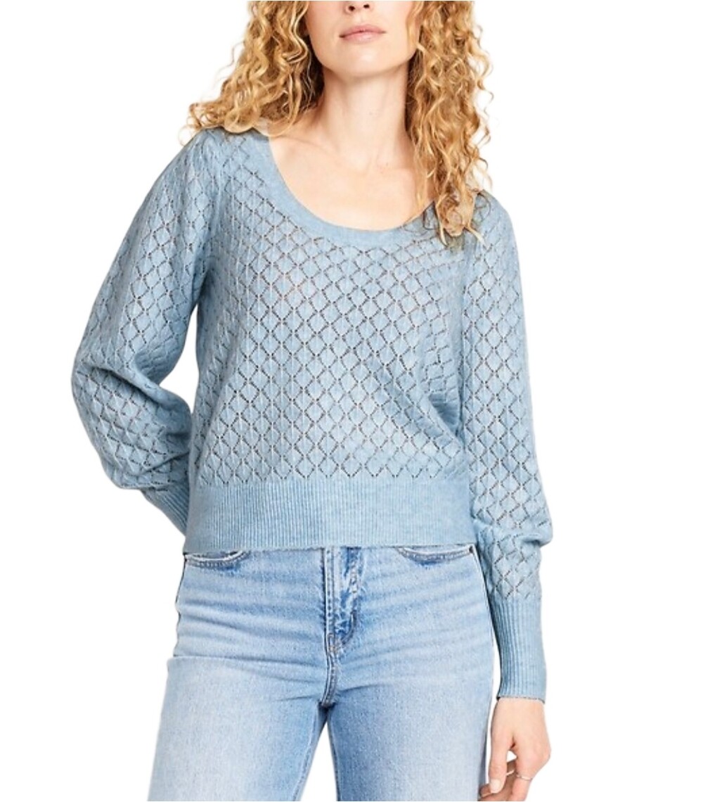 Old Navy Light Blue Pointelle Knit Scoop-Neck Wool-Blend Sweater Size 3X